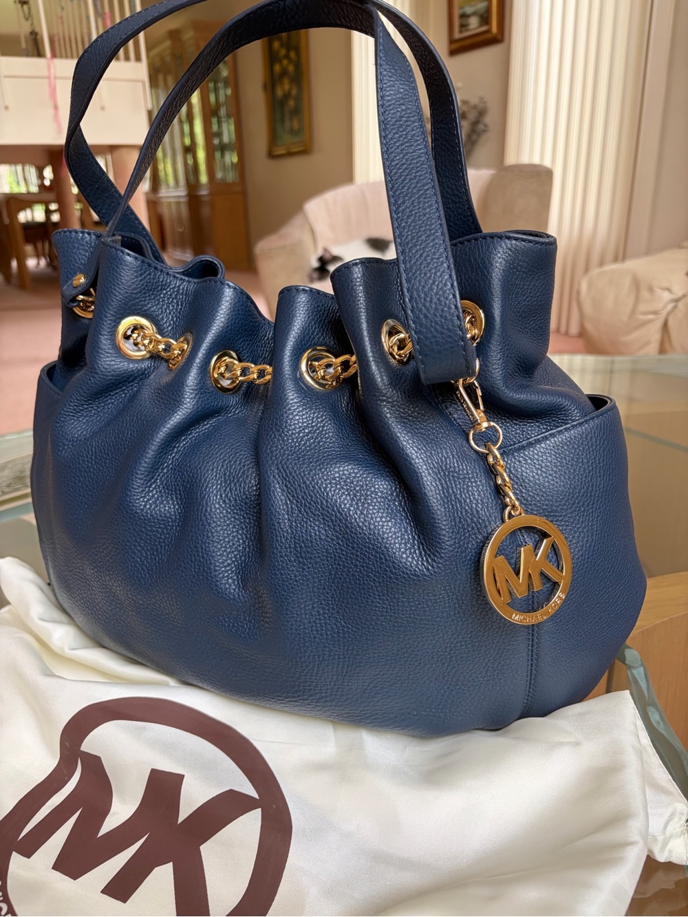 MICHAEL Michael Kors Navy Chain Pebbled Leather Drawstring Tote